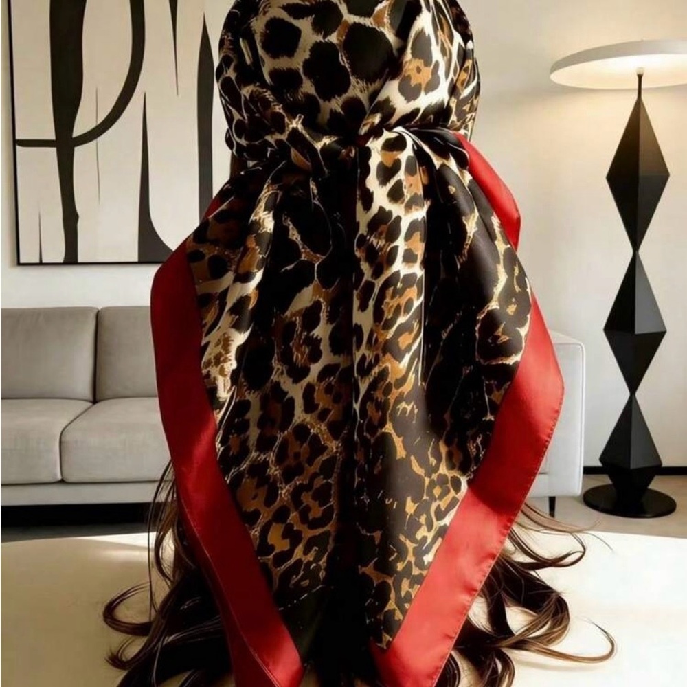 Leopard Print Satin Scarves with Red Trim